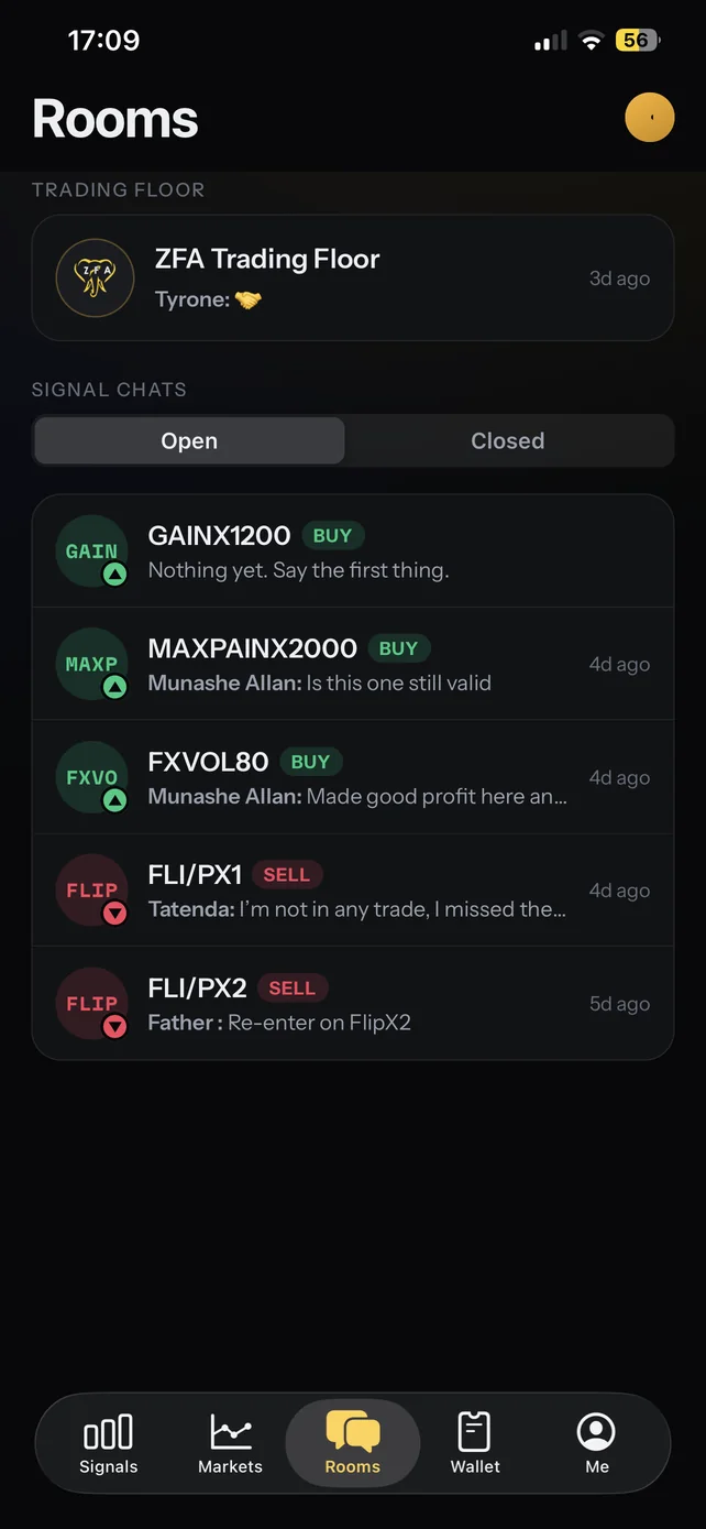 The Rooms screen in the Zhou Forex Academy app
